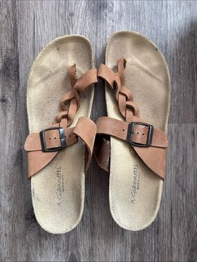 A. Giannetti Tan Braided Strap Buckle Sandals
